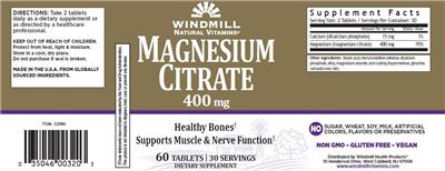 Photo of the Windmill Natural Vitamins Magnesium Citrate 400 mg label