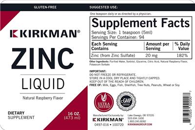 Photo of the Kirkman Zinc Liquid Natural Raspberry Flavor label