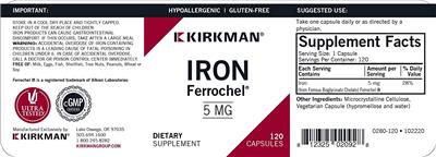 Photo of the Kirkman Iron Ferrochel 5 mg label