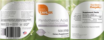 Photo of the Advanced Nutrition by Zahler Pantothenic Acid 500 mg label