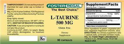 Photo of the Foster Regal L-Taurine 500 mg label