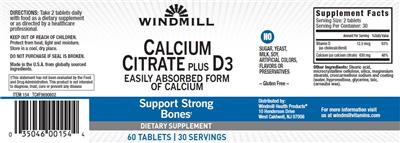 Photo of the Windmill Calcium Citrate+D3 label