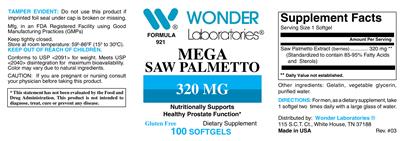Photo of the Wonder Laboratories Mega Saw Palmetto 320 mg label