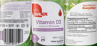 Photo of the Advanced Nutrition by Zahler Vitamin D3 5000 IU 125 mcg label