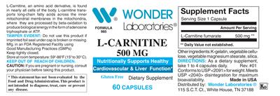 Photo of the Wonder Laboratories L-Carnitine 500 mg label