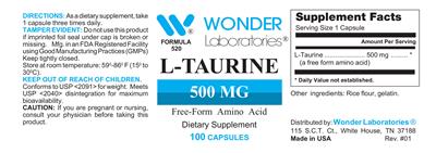 Photo of the Wonder Laboratories L-Taurine 500 mg label