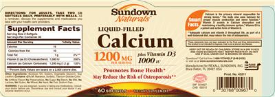 Photo of the Sundown Naturals Liquid-Filled Calcium 1200 mg label