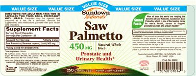 Photo of the Sundown Naturals Saw Palmetto 450 mg label