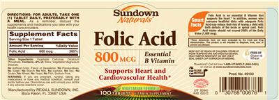 Photo of the Sundown Naturals Folic Acid 800 mcg label