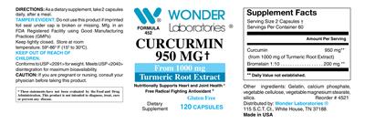 Photo of the Wonder Laboratories Curcurmin 950 mg label