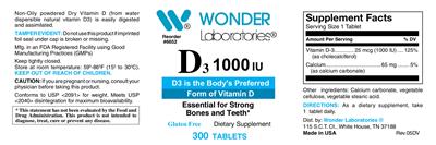 Photo of the Wonder Laboratories D3 1000 IU label