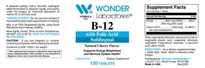 Photo of the Wonder Laboratories B-12 with Folic Acid Sublingual Natural Cherry Flavor label