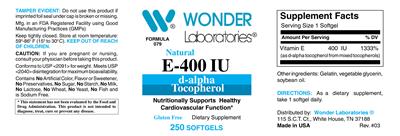 Photo of the Wonder Laboratories Natural E-400 IU label