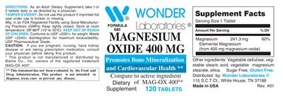 Photo of the Wonder Laboratories Magnesium Oxide 400 mg label