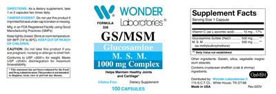 Photo of the Wonder Laboratories GS/MSM 1000 mg label