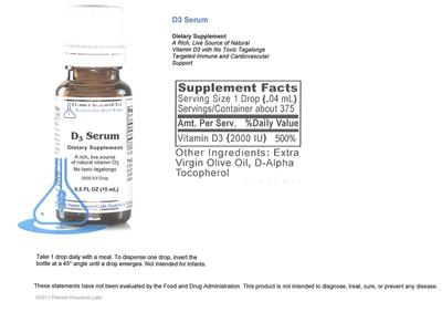 Photo of the Premier Research Labs D3 Serum label