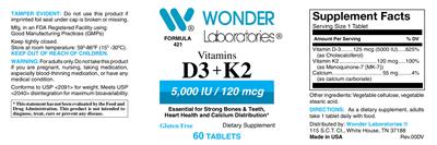 Photo of the Wonder Laboratories D3 5,000 IU + K2 120 mcg label