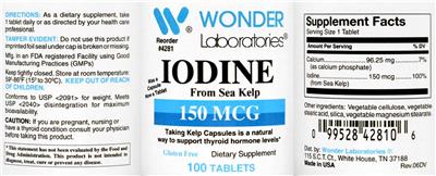 Photo of the Wonder Laboratories Iodine 150 mcg label