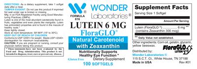 Photo of the Wonder Laboratories Lutein 6 mg label