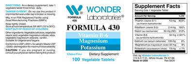 Photo of the Wonder Laboratories Formula 430 Vitamin B-6 Magnesium Potassium label