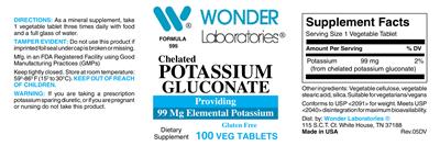 Photo of the Wonder Laboratories Chelated Potassium Gluconate label