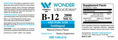 Photo of the Wonder Laboratories B-12 2000 mcg with Folic Acid Sublingual Natural Cherry Flavor label
