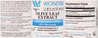 Photo of the Wonder Laboratories Olive Leaf Extract label
