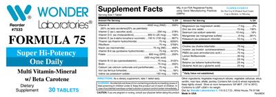Photo of the Wonder Laboratories Formula 75 Multi Vitamin-Mineral label