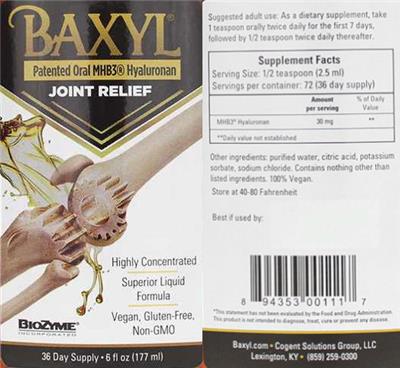 Product label for Baxyl Joint Relief