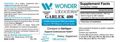 Photo of the Wonder Laboratories Garlek 400 label
