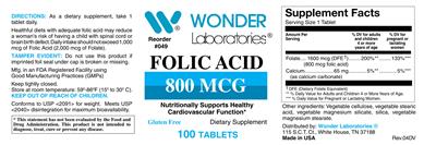 Photo of the Wonder Laboratories Folic Acid 800 mcg label