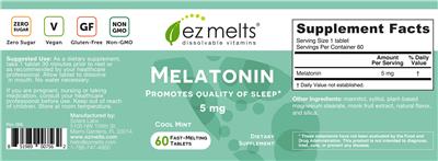 Photo of the EZ Melts Melatonin 5 mg Cool Mint label