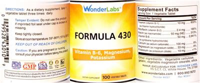 Photo of the Wonder Labs Formula 430 Vitamin B-6 Magnesium Potassium label