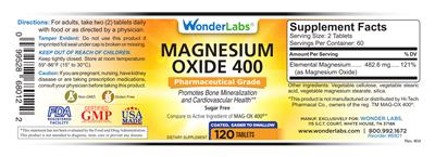 Photo of the Wonder Labs Magnesium Oxide 400 label