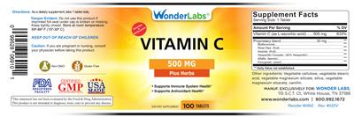 Photo of the Wonder Labs Vitamin C 500 mg label