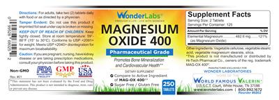Photo of the Wonder Labs Magnesium Oxide 400 label
