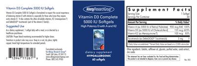 Photo of the Allergy Research Group Vitamin D3 Complete 5000 IU Softgels label
