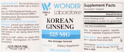 Photo of the Wonder Laboratories Korean Ginseng 525 mg label