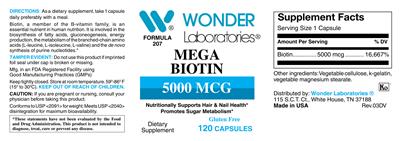 Photo of the Wonder Laboratories Mega Biotin 5000 mcg label