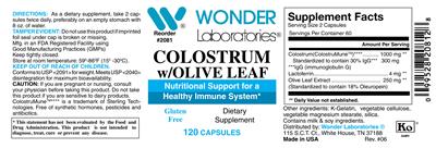 Photo of the Wonder Laboratories Colostrum w/Olive Leaf label