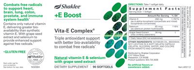 Photo of the Shaklee +E Boost Vita-E Complex label