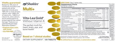 Photo of the Shaklee Multi+ Vita-Lea Gold Without Vitamin K label