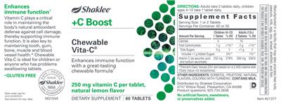 Photo of the Shaklee +C Boost Chewable Vita-C 250 mg Natural Lemon Flavor label