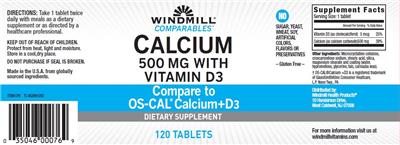 Photo of the Windmill Comparables Calcium 500 mg with Vitamin D3 label