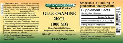 Photo of the Foster Regal Glucosamine 2KCL 1000 mg label