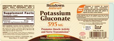 Photo of the Sundown Naturals Potassium Gluconate 595 mg label