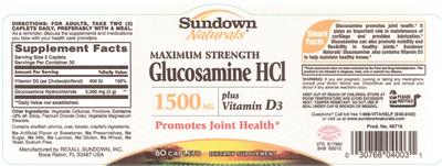 Photo of the Sundown Naturals Maximum Strength Glucosamine HCl 1500 mg Plus Vitamin D3 label