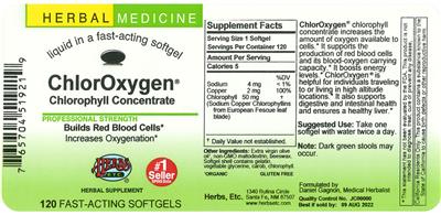 Photo of the Herbs, Etc. ChlorOxygen Chlorophyll Concentrate Softgels label
