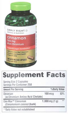 Photo of the Simply Right Cinnamon 500 mg Plus Chromium label