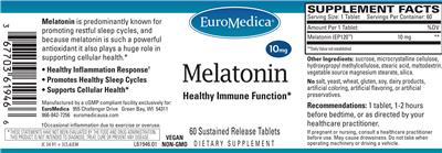 Photo of the EuroMedica Melatonin 10 mg label